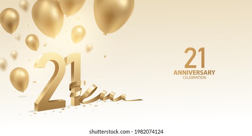 21st Anniversary celebration background. 3D Golden numbers with bent ribbon, confetti and balloons.
 svg