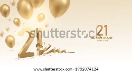 21st Anniversary celebration background. 3D Golden numbers with bent ribbon, confetti and balloons.
