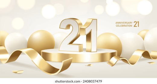 21st Anniversary celebration background. Golden 3D numbers on round podium with golden ribbons and balloons with bokeh lights in background.