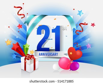 21st anniversary celebration with colorful confetti and balloon with shiny blue background