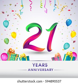 21st Anniversary Celebration Design, with gift box, balloons and confetti, Colorful Vector template elements for your, twenty one years birthday celebration party.