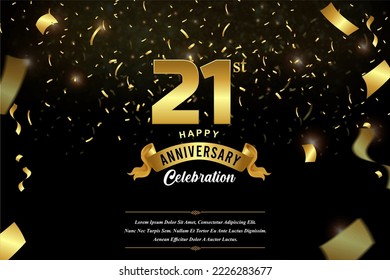 21st anniversary celebration Gold numbers with dotted halftone, shadow and sparkling confetti. modern elegant design with black background. for wedding party event decoration. svg