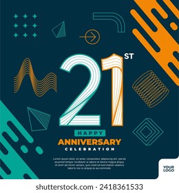 21st anniversary celebration logotype with colorful abstract geometric shape y2k background.