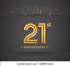 21st anniversary design for company celebration event with golden multiple line and confetti isolated on dark background 