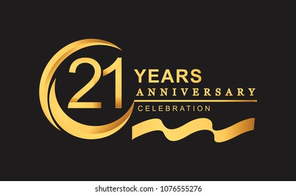 21st anniversary design logotype golden color with ring and gold ribbon for anniversary celebration