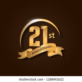 21st Anniversary design logotype. Anniversary logo design with swoosh and elegance golden ribbon. Vector template for use celebration, invitation card, and greeting card
