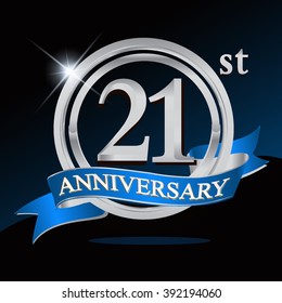 21st anniversary logo with blue ribbon and silver ring, vector template for birthday celebration.