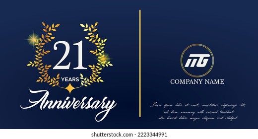 21st anniversary logo with elegant ornament monogram and logo name template on elegant blue background, sparkle, vector design for greeting card.