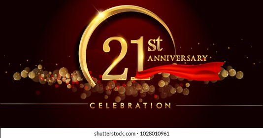 21st anniversary logo with golden ring, confetti and red ribbon isolated on elegant black background, sparkle, vector design for greeting card and invitation card