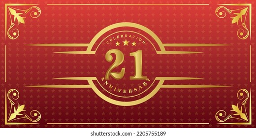 21st anniversary logo with golden ring, confetti and gold border isolated on elegant red background, sparkle, vector design for greeting card and invitation card
