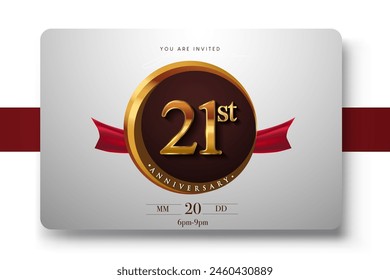 21st Anniversary Logo With Golden Ring And Red Ribbon Isolated on Elegant Background, Birthday Invitation Design And Greeting Card