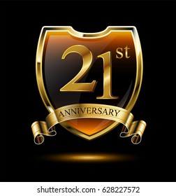 21st anniversary logo with golden shield and ribbon. Vector illustration celebration template