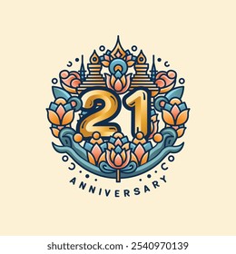 A 21st anniversary logo on a cream and brown pastel background, with a golden '21' surrounded by lotus flowers and Thai stupas. Soft orange, teal, and gold blend to reflect elegance and culture.