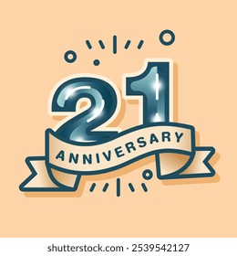 A 21st anniversary logo on a cream-brown pastel background, designed in a flat style. The celebration features the number with a matching tone vector ribbon and simple background design elements.