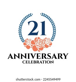 21st  anniversary logo with rose and laurel wreath, vector template for birthday celebration.