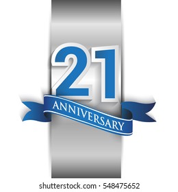 21st anniversary logo with silver label and blue ribbon, Vector design template elements for your birthday party.