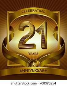 21st anniversary logo. Vector and illustration shiny gold ribbon