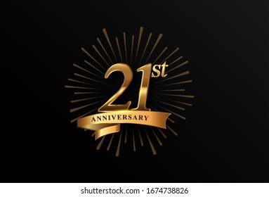 21st anniversary logotype with fireworks and golden ribbon, isolated on elegant background. vector anniversary for celebration, invitation card, and greeting card.