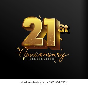 21st Anniversary Logotype with Gold Confetti Isolated on Black Background, Vector Design for Greeting Card and Invitation Card