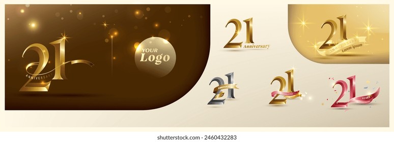 21st anniversary logotype modern gold number with shiny ribbon. alternative logo number Golden anniversary celebration