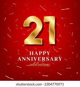 21st anniversary vector template with a golden number and golden confetti spread on a red background