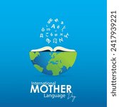  21st February International mother language day creative book and letters design. Mother language. globe and greetings in different languages to promote linguistic and diversity. Vector Illustration