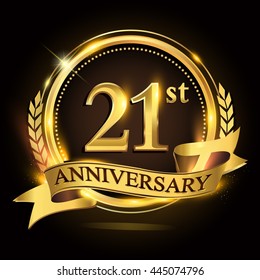 21st golden anniversary logo with ring and ribbon, laurel wreath vector design.