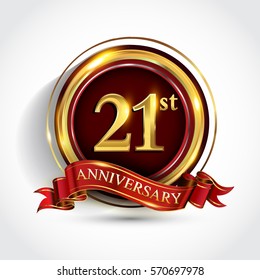 21st golden anniversary logo, twenty one years birthday celebration with ring and red ribbon isolated on white background
