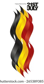 Cartaz e cartão de saudação do Dia Nacional da Bélgica, 21 de julho. Mensagem em negrito com letras em 21 de julho. Bandeira abstrata belga isolada sobre fundo branco