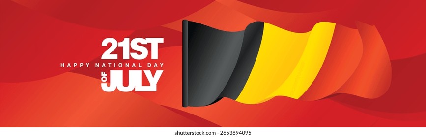Banner do Dia Nacional da Bélgica de 21 de julho com bandeira ondulada da Bélgica no fundo vermelho abstrato