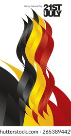 Cartaz em banner e cartão de saudação do Dia Nacional da Bélgica, 21 de julho. Mensagem em negrito com letras em 21 de julho. Plano de fundo da faixa de opções abstrata da Bélgica