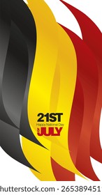 Cartaz e cartão de saudação do Dia Nacional da Bélgica, 21 de julho. Texto em negrito da mensagem de 21 de julho sobre o fundo abstrato da bandeira da Bélgica
