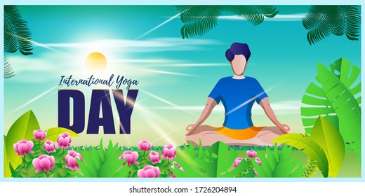 21st june, Illustration for international yoga day, illustration is showing person doing yoga in garden with beautiful plants backdrop.