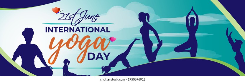 21st june, vector illustration for international yoga day with Hindi text om means om, people silhouette in positions of yoga 