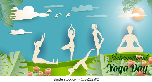 21st june, vector illustration for international yoga day with Hindi text om means om,people silhouette in positions of yoga 