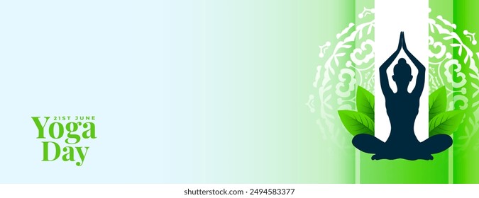 21st june world yoga day banner with green leaves vector 