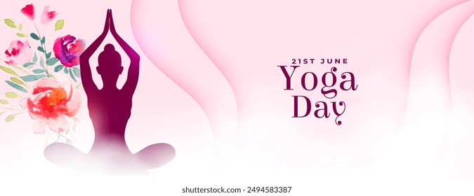 21st june world yoga day pink banner with flower decor vector