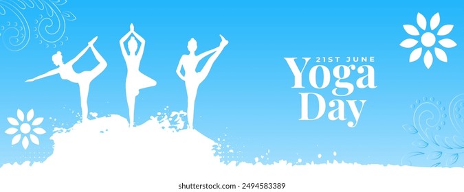 21st june world yoga day grungy banner woman in different asana vector