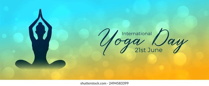 21st june world yoga day banner with bokeh effect vector