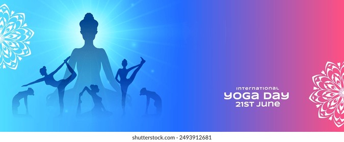 21st june yoga day celebration banner woman in different posture vector