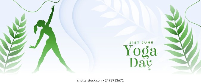 21st june yoga day celebration banner with green leaves vector