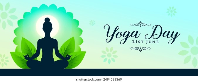 21st june yoga day celebration banner with green leaves vector