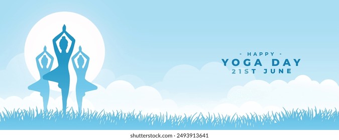 21st june yoga day morning banner woman doing posture in grass vector