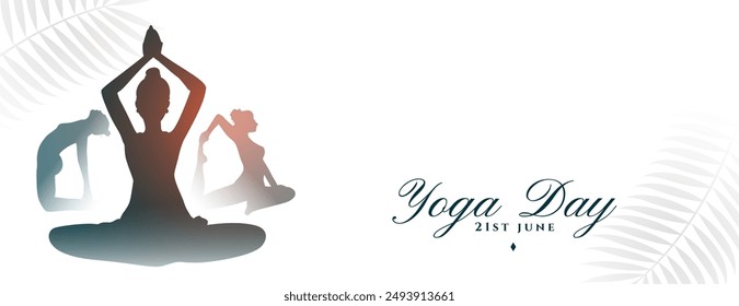 21st june yoga day white banner woman in different asana with leaves vector