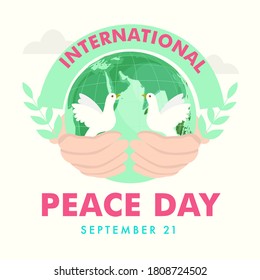 21st September, International Peace Day Poster Design with Human Hand Holding Earth Globe and Doves on White Background.