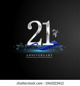 21st silver anniversary logo with blue ribbon isolated on elegant background, sparkle, vector design for greeting card and invitation card. svg
