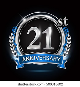 21st silver anniversary logo with blue ribbon and ring.