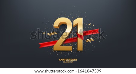 21st Year anniversary celebration background. 3D Golden number wrapped with red ribbon and confetti on black background.
