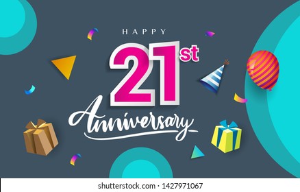 21st Years Anniversary Celebration Design, with gift box and balloons, ribbon, Colorful Vector template elements for your birthday celebrating party.