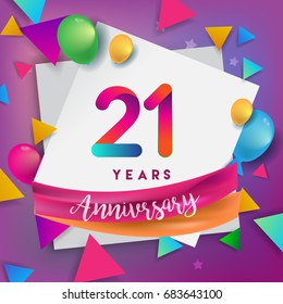 21st Years Anniversary Celebration Design, balloons and ribbon, Colorful design elements for banner, invitation, greeting card your twenty one birthday celebration party.